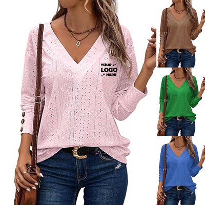 Ladies V-neck Lace Hollow Shirt